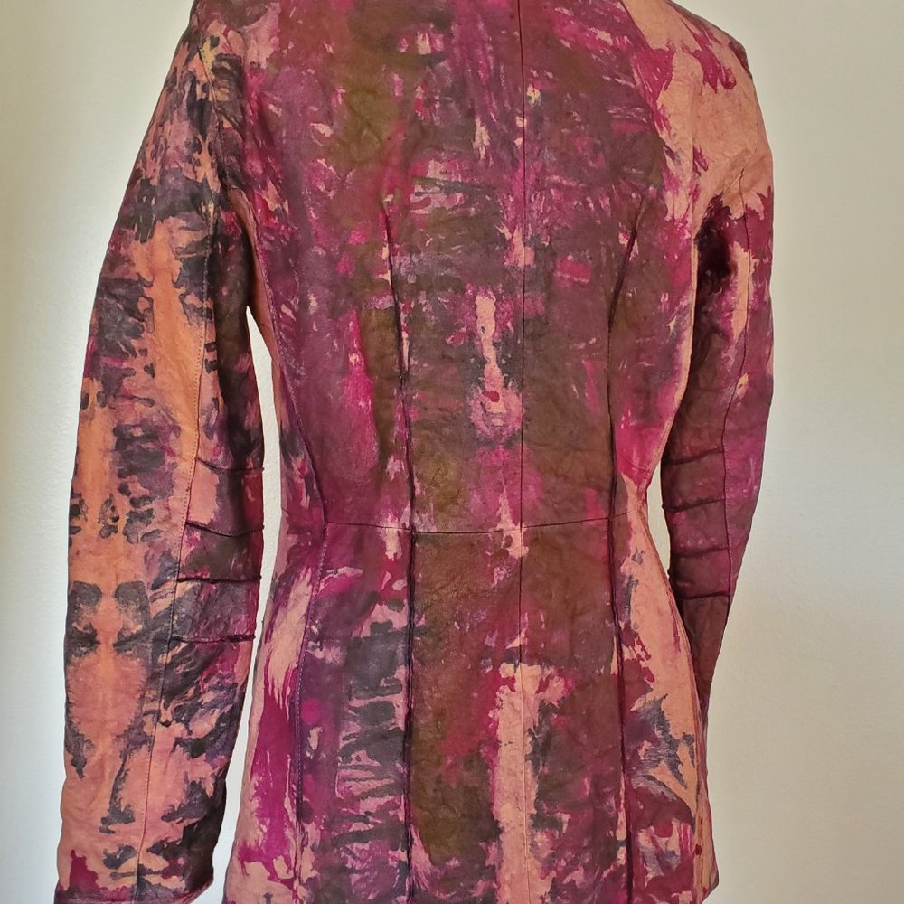 vintage hippie boho Leather Coat tie dyed large Medium black red cowgirl western
